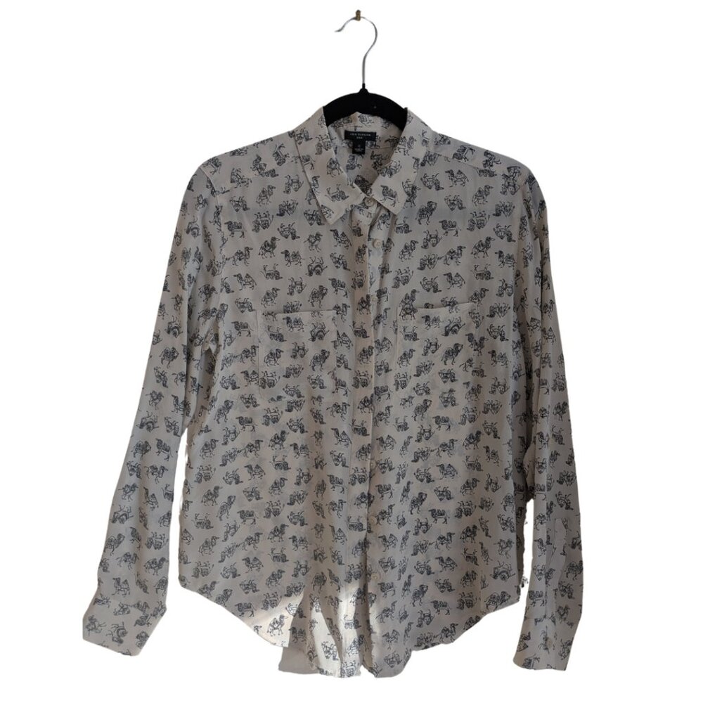 Ann Taylor 100% Silk Button Up Long Sleeve Size Small Camel Print